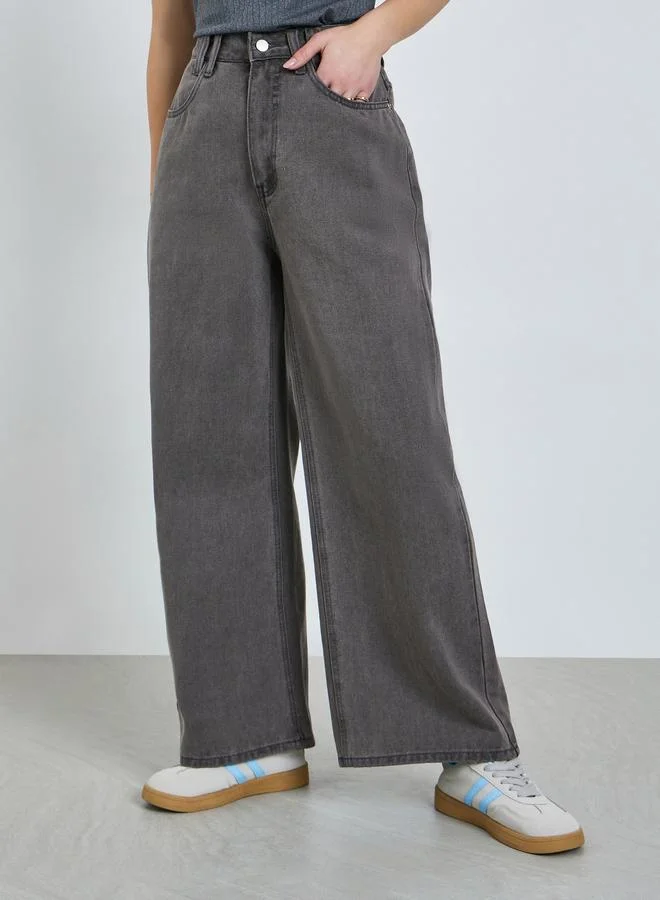 Styli Women Stone Wash Wide Leg Jeans